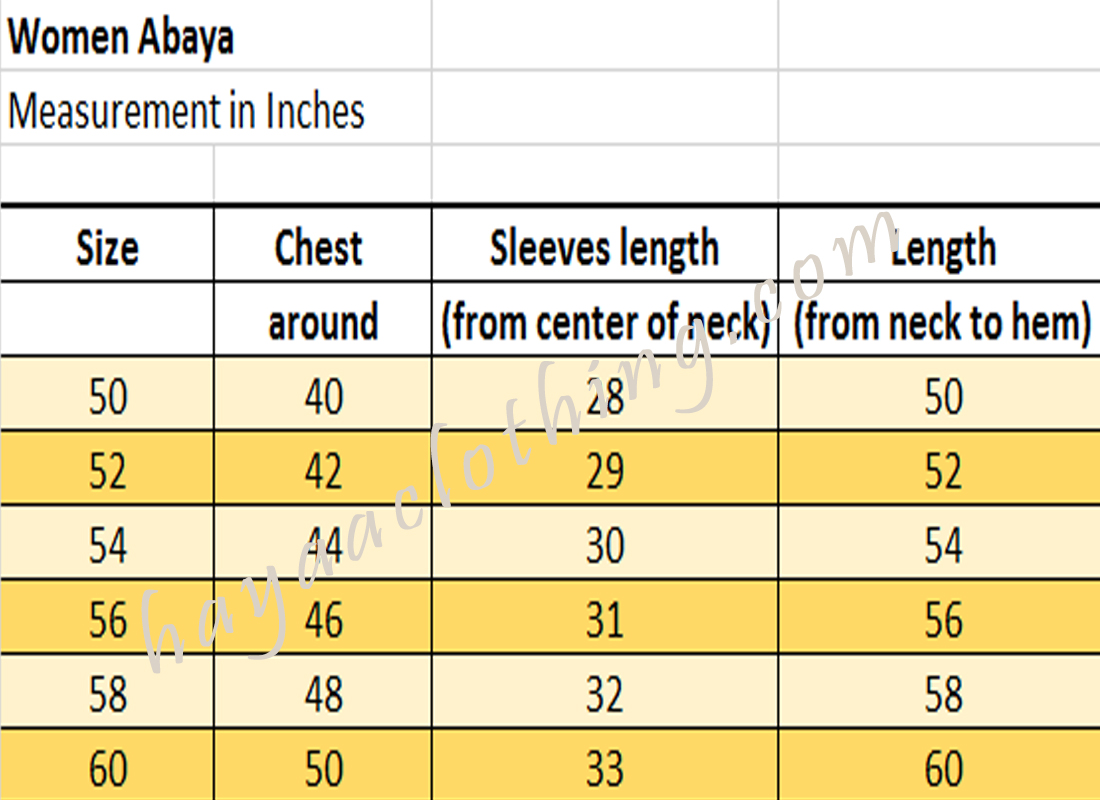 Abaya Size Chart 52