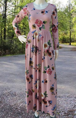 Rose Pink Floral Maxi Dress, with elasticized waist and side pockets