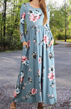 Dusty Blue Floral Maxi Dress long sleeves with elasticized waist and side pockets