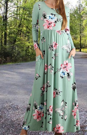 Mint Floral Maxi Dress long sleeves with elasticized waist and side pockets