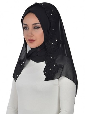 Ayşe Türban Black Instant Hijab Flowing Chiffon Lace