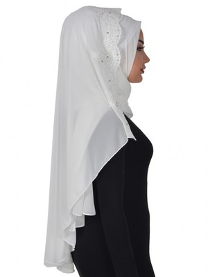 Ayşe Türban WHITE Instant Hijab Flowing Chiffon Lace
