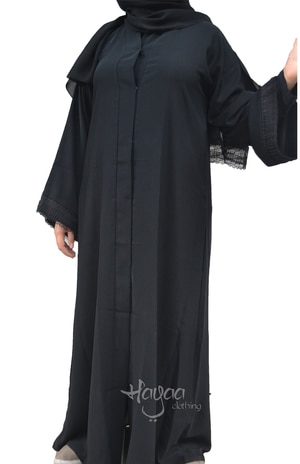 Black Lace Trim Open Front Abaya with Hijab 