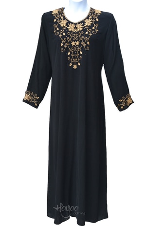 Tall Plus Size Black Abaya with Gold embroidery detail