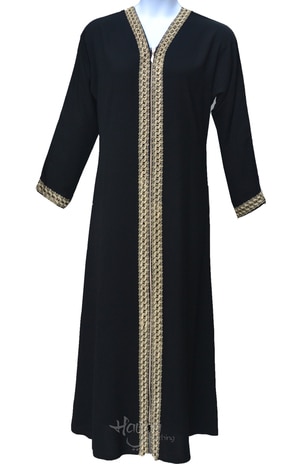 Islamic Clothing Gold Embroidered Zip Front Black Abaya