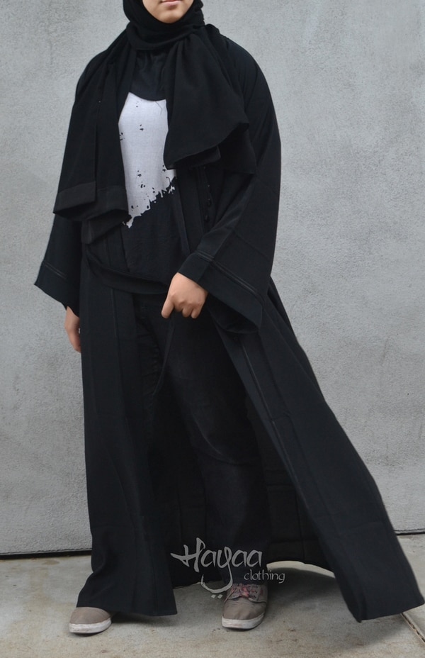 Black Belt Open Front Kimono Abaya with Hijab 