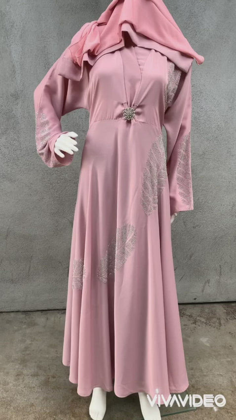 Blush Umbrella Flare Abaya embellished with Leaves rhinestones motives 