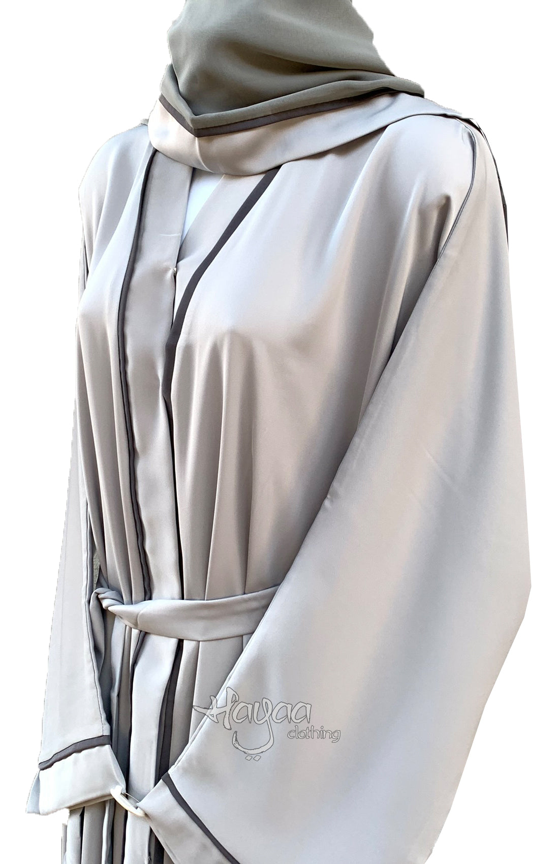 AMANI Light GRAY  Open Snap Front Piping Dubai Abaya with Hijab