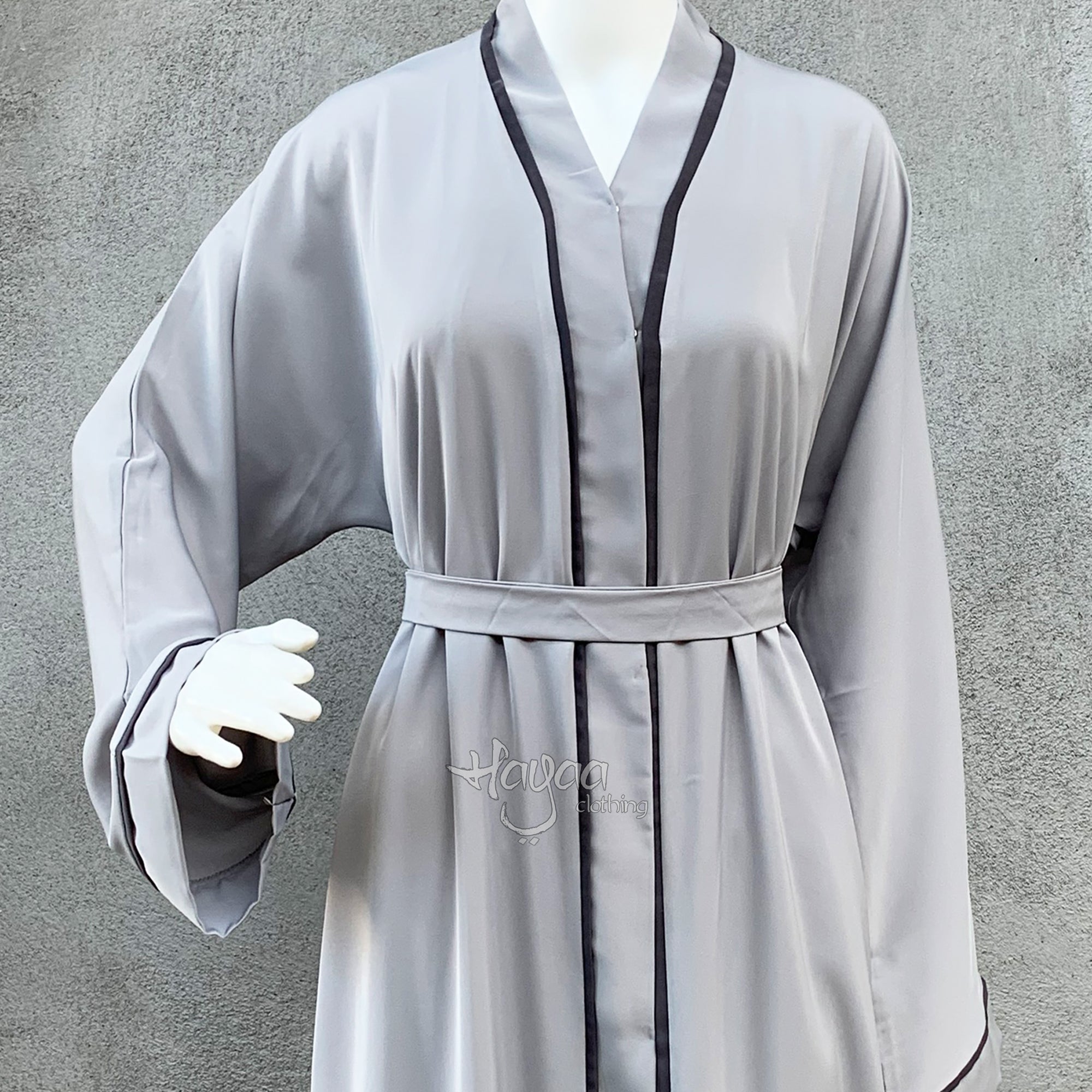 AMANI Light GRAY  Open Snap Front Piping Dubai Abaya with Hijab