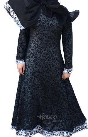 Stylish Modern Abaya in Black White Floral Print with Chiffon Overlay
