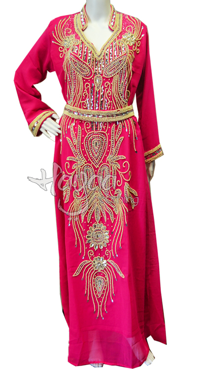 Hot Pink  Moroccan Style Fancy Kaftan embellished with Faux Pearl and clear diamante rhinestones  for Eid, wedding or any special occassion.