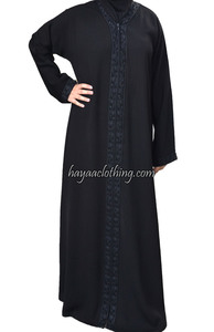 Islamic Clothing Embroidered Zip Front Black Abaya
