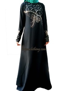 Umbrella Style abaya decorated with cream lace and bow rhinestones